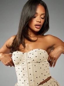 MISSGUIDED Polka Dot Print Strapless Corset Top Summer Beach Party Wedding Guest Occasion Vintage Inspired Bustier