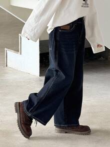 DAZY 男童宽松直筒牛仔裤，秋季街头休闲裤 - 深色水洗藍 - 查看 3