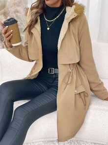 SHEIN Clasi 女款優雅收腰人造毛領連帽加厚棉襖外套，修身顯瘦，適合日常穿著，秋冬款 - 卡其色 - 查看 11