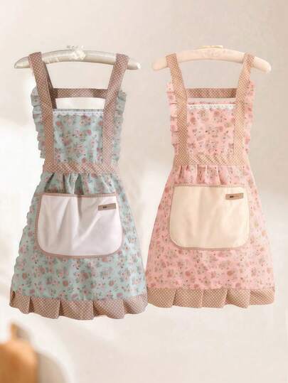 1PC Vintage Floral Print Apron Women Adjustable Bib Style Oil Resistant Stain Proof Breathable Fabric With Ruffle Lace Trim Large Pocket Cooking Baking Cleaning Protective Cover For Kitchen Living Room Bathroom Housework Home Decor Hostess Apron