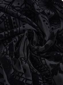 ROMWE Váy cổ vuông tay loe họa tiết nhung phong cách Hippie lãng mạn cổ điển cỡ lớn - Màu xanh hải quân - Xem 3