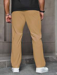 Manfinity LEGND Men's Plain Drawstring With Pocket Casual Pants, Men Drawstring Pants, Men Wide Leg Side Stripe Gym Pants, Men Straight Leg Sweatpants, Men Pants Summer, For Fall - Khaki - View 6