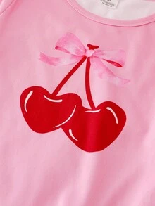 4件套少女简约甜美粉色蝴蝶结和樱桃印花短袖短裤睡衣套装 - 粉色 - 查看 6