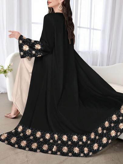 SHEIN Najma 女式白色仿刺绣花卉印花长袖休闲阿拉伯长袍，春秋季