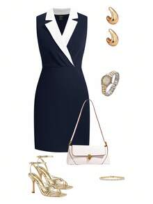 Ellevyn 女士优雅简约通勤黑白撞色修身中长连衣裙 - 藏蓝色 - 查看 2