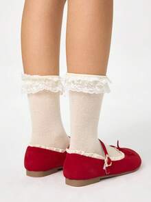 ROMWE Kawaii 女士棕色乐福鞋、包头玛丽珍鞋、蝴蝶结蕾丝洛丽塔平底鞋、芭蕾平底鞋 - 紅色 - 查看 5