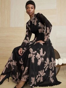 Aveloria Modichic Váy suông in họa tiết cọ ngẫu nhiên phong cách quý cô thanh lịch, cổ tròn tay dài co giãn - Nhiều màu - Xem 1