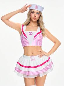 ROMWE Avant 女式性感护士角色扮演服装，海军风短款上衣，带丝带拼接条纹 2 件套，角色扮演服装 - 白色 - 查看 5