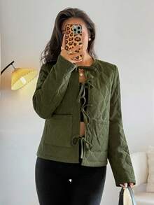 Rafferiza Manteau matelassé avec nœud papillon pour femmes, automne/hiver - Militaire verte - Voir 5