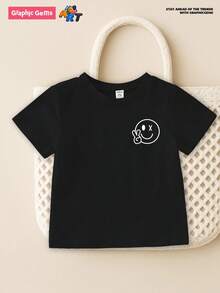 SHEIN Baby Boy Basic Casual Black T-Shirt With Smile Face Print, Short Sleeve