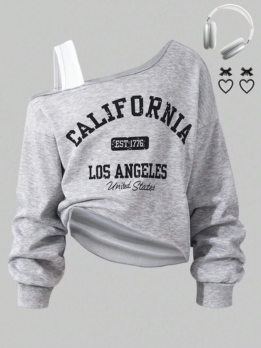 Sparklyn Tween Girls Letter Print Asymmetric Off-Shoulder Asymmetrical Hem Casual Sweatshirt Fall Winter - Grey - View 1