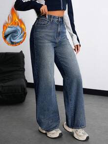 SHEIN EZwear 保暖内衬口袋休闲感恩节圣诞节直筒牛仔裤 - 深色水洗藍 - 查看 4