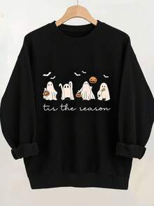 EMERY ROSE Halloween Grafik Muster Lässig Crew Neck Fleece Langarm Sweatshirt für Frauen, ein tolles Geschenk für Freunde, Herbst/Winter - Schwarz - Übersicht 1