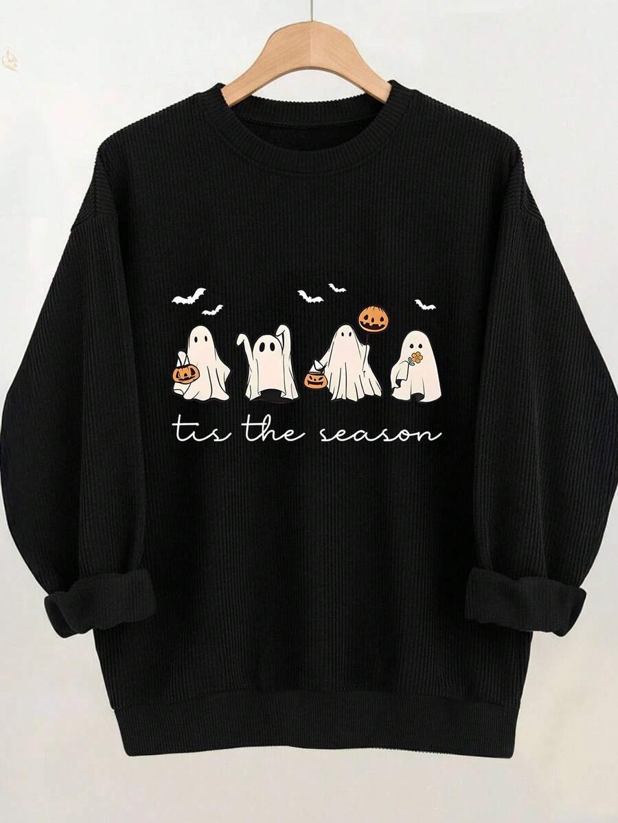 EMERY ROSE Halloween Grafik Muster Lässig Crew Neck Fleece Langarm Sweatshirt für Frauen, ein tolles Geschenk für Freunde, Herbst/Winter - Schwarz - Übersicht 1