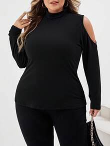SHEIN CURVE+ Casual Simple Slim Cold Shoulder Plus Size Turtleneck T-Shirt, Autumn/Winter - Black - View 4