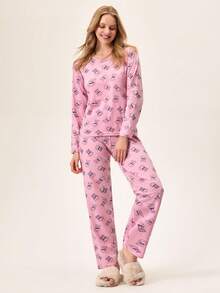 Loomlin Women Cotton 2pcs Cute Bear Pattern Comfort Pajama Set - Pink - View 4