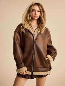 ROMWE EDITION Hippie Vintage Hooded Faux Fur Lamb Wool Soft Faux Fur Women Jacket - Coffee Brown - View 3