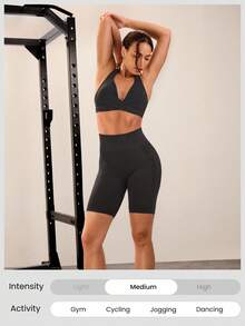 GLOWMODE Quần short biker cạp cao co giãn thấm mồ hôi không đường may 6 inch kiểm soát bụng không đường may phía trước quần bó mông cạp cao quần chạy bộ tập luyện tác động trung bình phòng tập thể dục mặc hàng ngày - màu đen - Xem 6