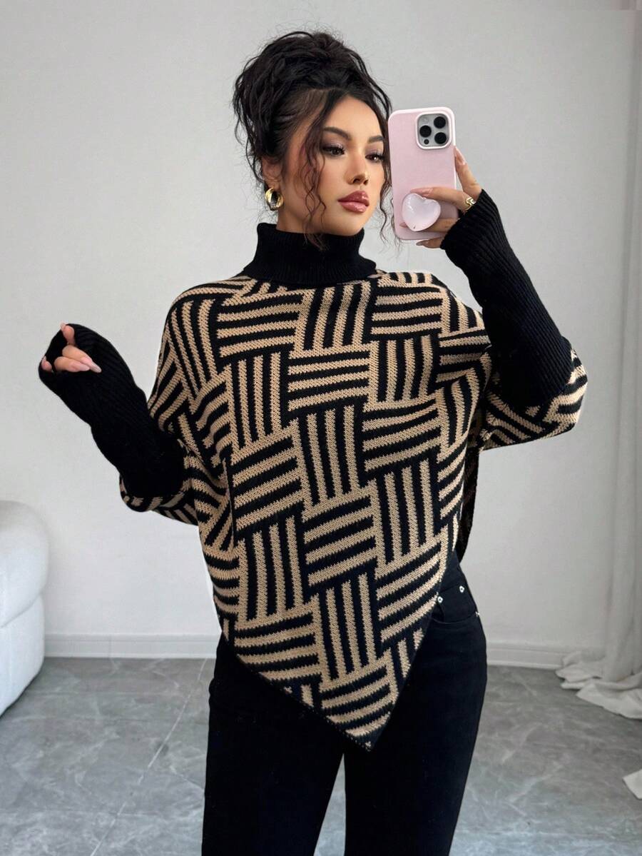 Elenzga Women's Elegant High Neck Geometric Textured Poncho Sweater, Colorblock, Suitable For Home & Travel, Spring/Autumn - Black - View 1