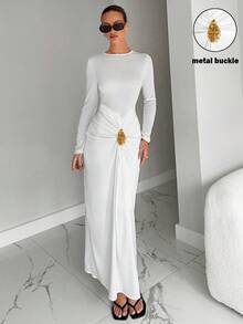 Siren Gaze Elegant White Maxi Dress, Fall Clothes For Women Autumn Winter Long Sleeve Bodycon Dress With Pleated Waist Gold Metal Buckle, Formal Chic Party Wedding Graduation Prom Dress For Work Date Halloween Christmas New Year, 2025 New High - End Old Money Style Luxury Casual Must - Have Evening Dress