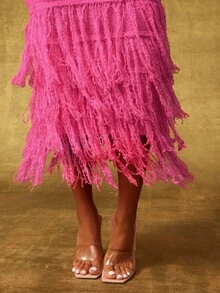 Vixey Pink Halter Neck Open Back Fluted Fringe Hem Knit Midi Dress
