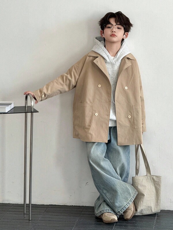 DAZY Luźny, swobodny płaszcz typu trencz dla chłopców w dużym rozmiarze, jednolity kolor, minimalistyczny styl, jesień