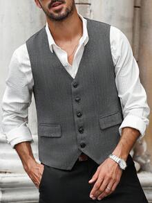 Manfinity Bizformal Men's Business/Commute Herringbone Sleeveless Waistcoat European Style, Fall Winter