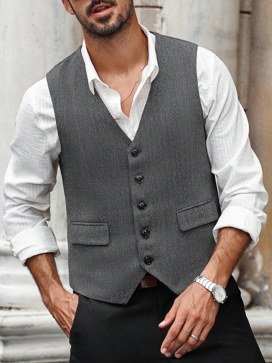 Manfinity Bizformal Men's Business/Commute Herringbone Sleeveless Waistcoat European Style, Fall Winter