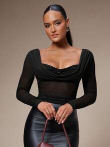 Silquee 女式纯色圆领修身长袖上衣，秋季 - 黑色 - 查看 4