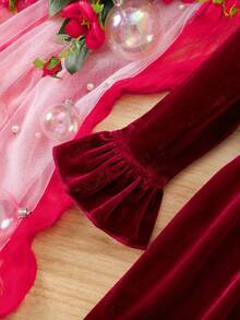 SHEIN Vestido de manga larga de terciopelo burdeos elegante para niña bebé