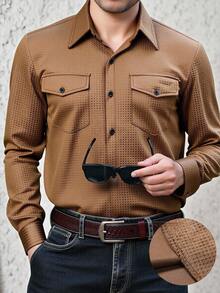 Manfinity Homme 男士纯色口袋纽扣前休闲长袖衬衫 - 棕色 - 查看 1
