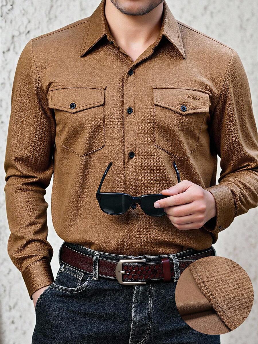 Manfinity Homme 男士纯色口袋纽扣前休闲长袖衬衫 - 棕色 - 查看 1