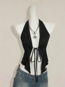 SHEIN ICON Y2K 休闲哥特风黑色性感纯色露背系带无袖上衣 - 黑色 - 查看 5