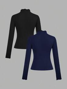 SHEIN EZwear 2 件套黑色和海军蓝休闲紧身长袖 T 恤，秋冬 - 彩色 - 查看 2