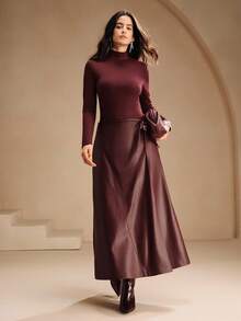 Anewsta Vestido elegante de manga larga de punto y PU para mujer en otoño/invierno, vestido ajustado de línea A largo en color burdeos, estilo streetwear, adecuado para otoño, invierno, Año Nuevo, fiestas, bodas - Burdeos - Ver 4
