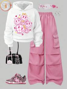 Sparklyn 2 件青少年字母印花连帽衫 + 美式绿色工装裤休闲街头运动装，秋冬 - 粉色 - 查看 1