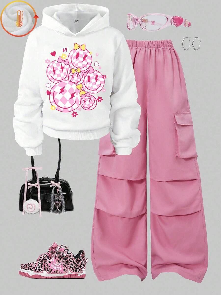 Sparklyn 2 件青少年字母印花连帽衫 + 美式绿色工装裤休闲街头运动装，秋冬 - 粉色 - 查看 1