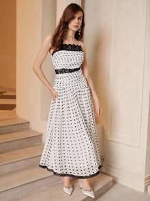 SHEIN Unity 浪漫优雅的茶会/约会蕾丝领，睫毛蕾丝胸围褶皱波尔卡圆点吊带裙，贴身腰部和喇叭形下摆，白色底色搭配黑色波尔卡圆点，适合所有季节 - 白色 - 查看 4