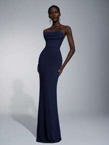 Elitara Váy phù dâu maxi xẻ tà tối giản thanh lịch, cổ khoét sâu, xẻ lưng - Màu xanh hải quân - Xem 7