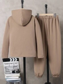 2件套休闲连帽长袖上衣和裤子青少年男童外套套装 - 卡其色 - 查看 2