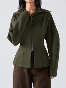 LYSMO 女士纯色简约休闲长袖拉链夹克秋冬女装 - 軍綠色 - 查看 4