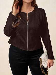 SHEIN Clasi Áo khoác da lộn giả màu đen cỡ lớn cho nữ, thanh lịch cho trang phục đi làm hàng ngày và công sở - Cà phê nâu - Xem 6