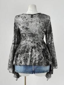 Sunspun 大码女式腰果花卉印花撞色蕾丝 V 领喇叭袖时尚衬衫 - 彩色 - 查看 2