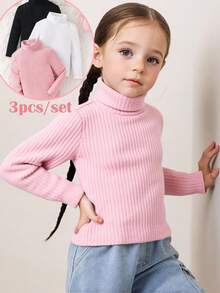 SHEIN 3pcs/Set Young Girls Ribbed Knit Long Sleeve Tops,Pink,White,Black Solid Color Stand Collar Shirts For Winter,School,Back-To-School Casual Wear - Multicolor - View 7