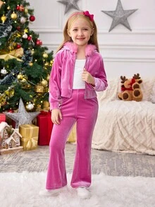 Set de 2 piezas de sudadera con capucha de terciopelo elegante y cómoda y pantalones jogger para niñas jóvenes, conjunto de atuendo casual y vintage lindo para otoño/invierno, estilos a juego madre-hija, hermana - Rosa - Ver 6