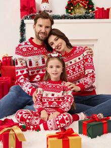 SHEIN Young Girl' Christmas Reindeer Cute Party Celebration Sweater Set Fall Winter - Red - View 1