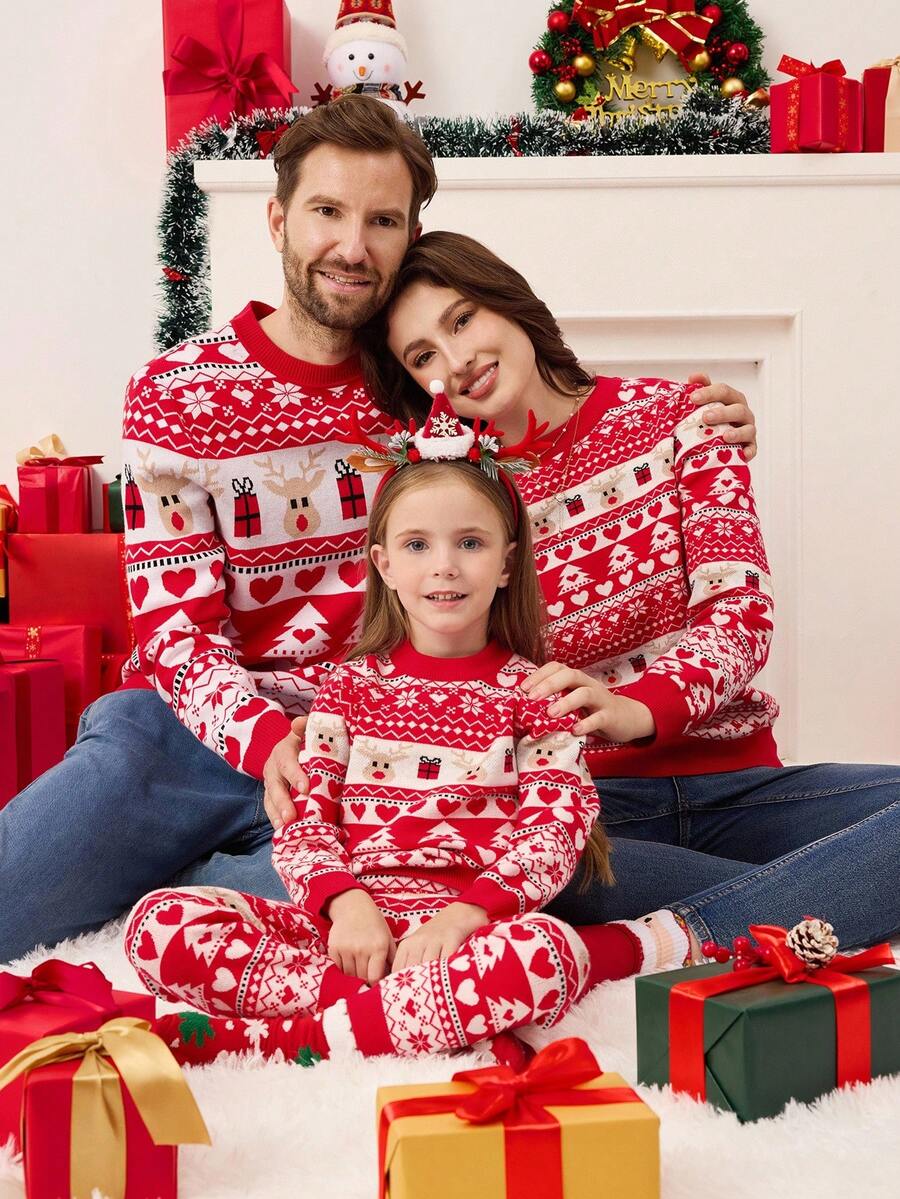 SHEIN Young Girl' Christmas Reindeer Cute Party Celebration Sweater Set Fall Winter - Red - View 1