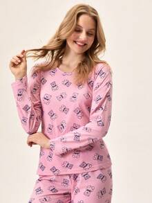 Loomlin Women Cotton 2pcs Cute Bear Pattern Comfort Pajama Set - Pink - View 5