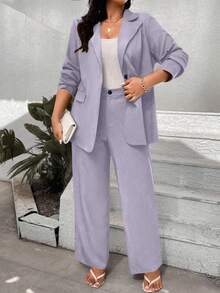 Elenzga Plus Size Women's Solid Color Single-Button Blazer & Pants Suit - Mauve Purple - View 5
