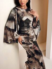 Veilorie 女式优雅褶饰喇叭袖连衣裙，秋季 - 綠色 - 查看 6